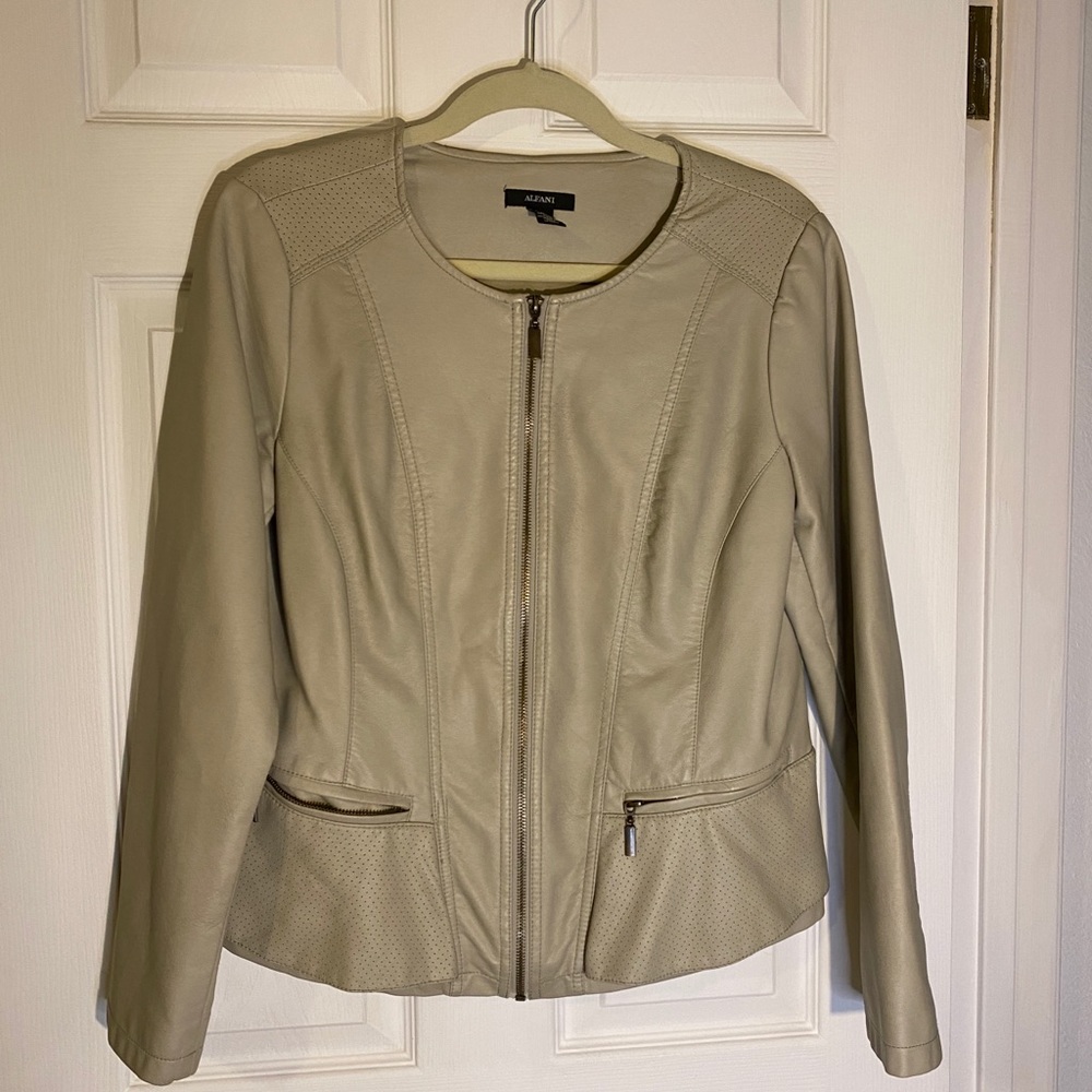 Alfani: off white/cream faux leather peplum jacket